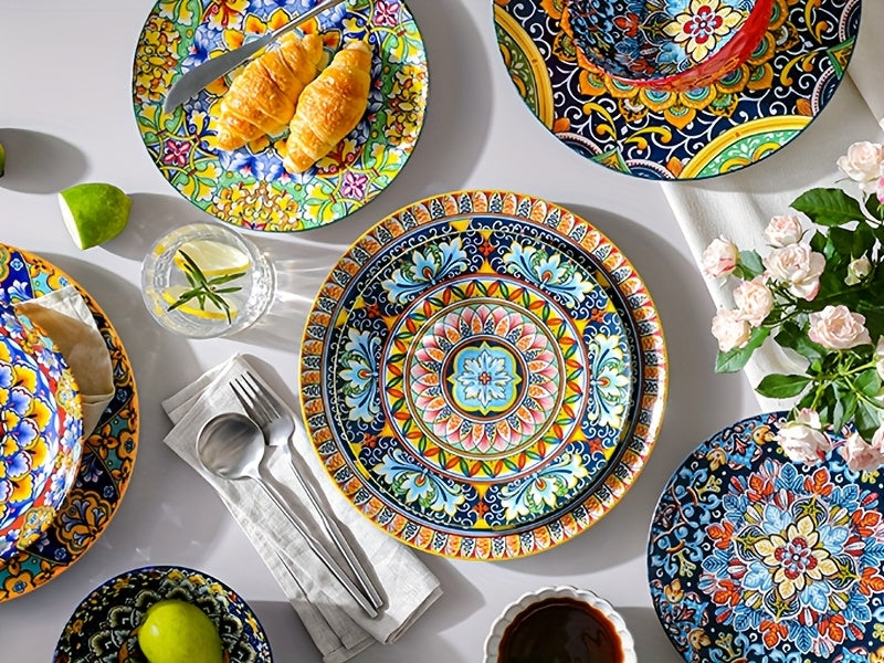 Bohemian Ceramic Salad Plates Set of 6 – 8.5 Inch Colorful Dessert Plate Set, Microwave Oven & Dishwasher Safe, Boho Style Kitchen Dishes