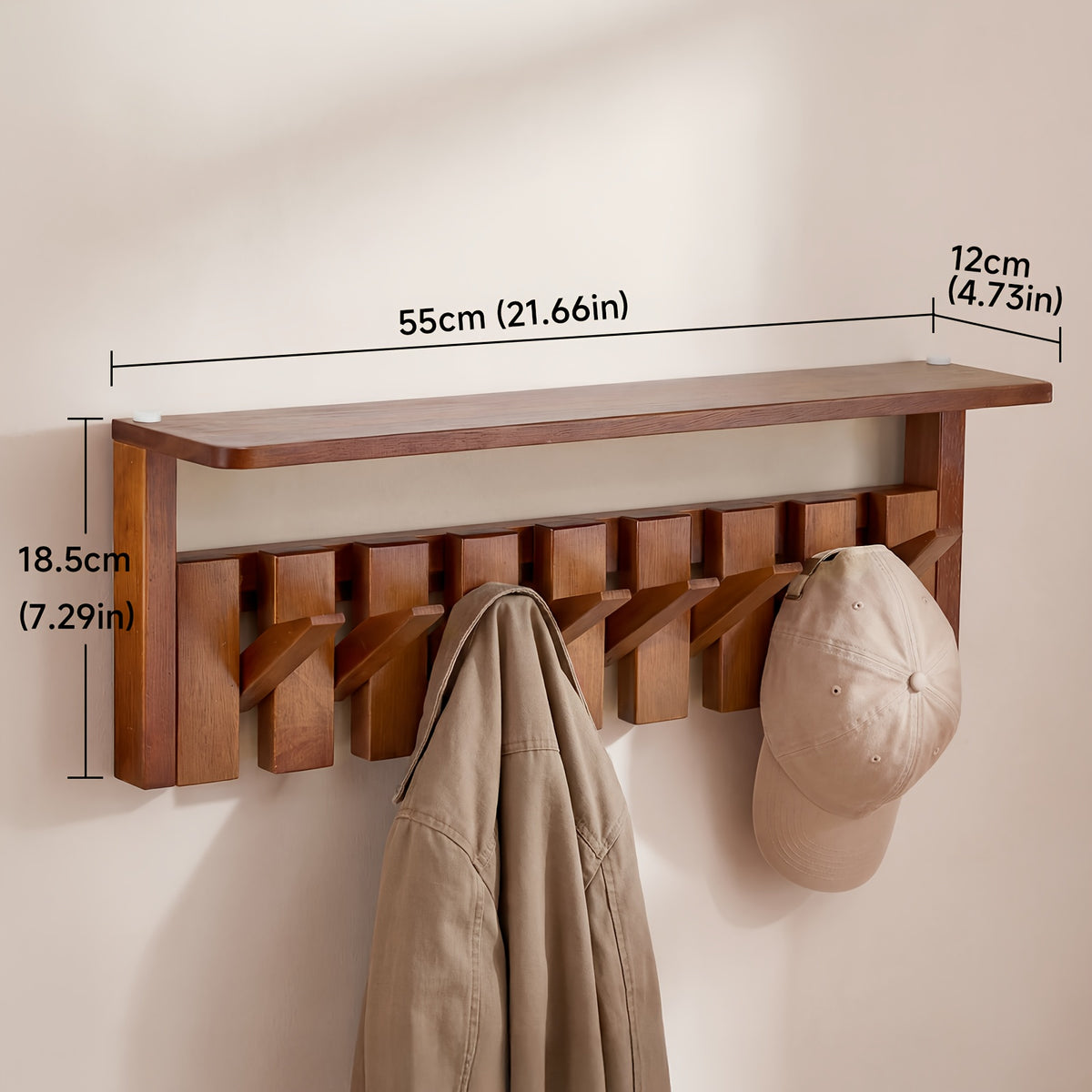 Wall Mounted Coat Rack Foldable Hooks Solid Rubberwood 6 or 8 Hooks 22 lbs Capacity Floating Shelf Dual Installation Drilling or Adhesive for Entryway Bedroom Bathroom Living Room