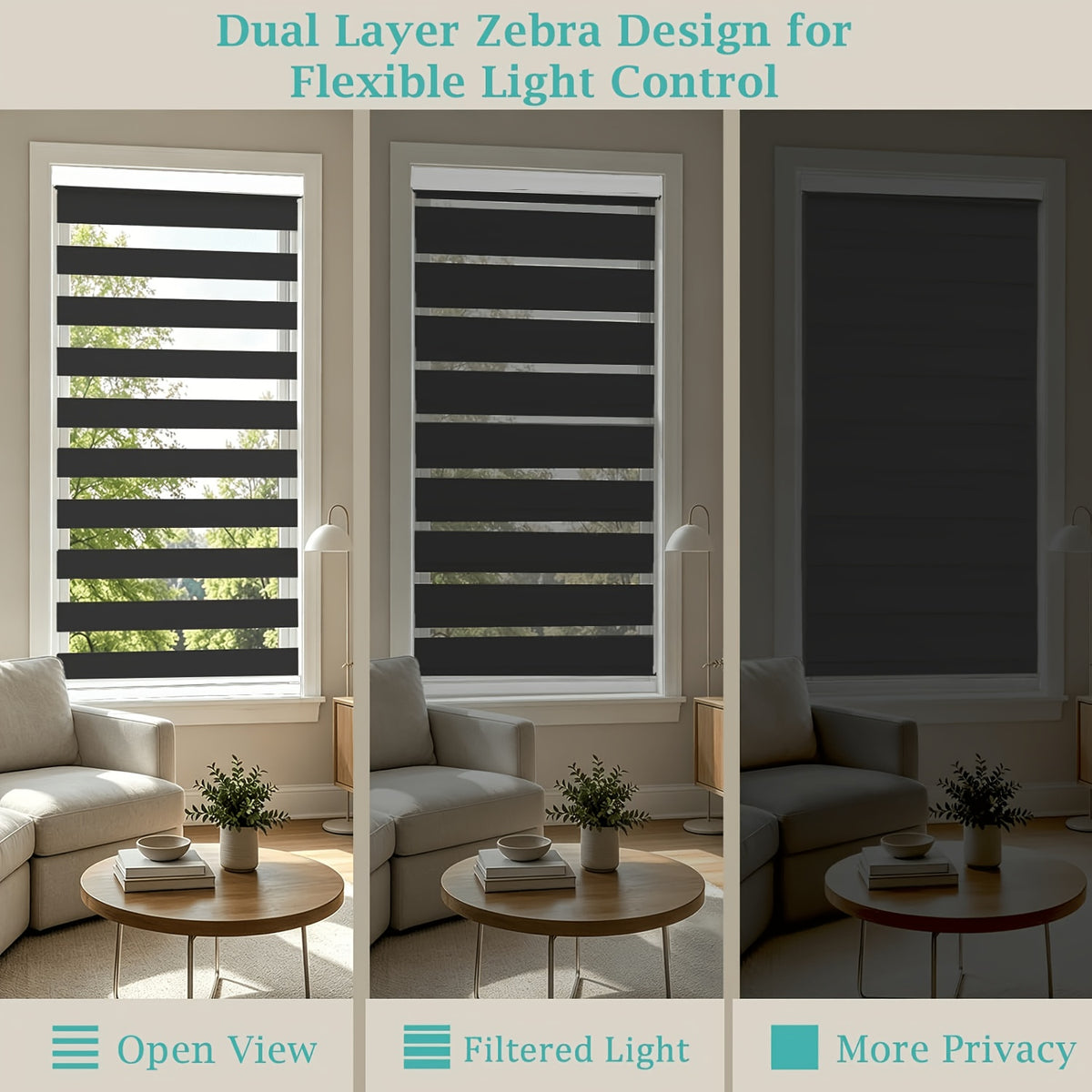 Cordless Zebra Blinds Day Night Dual Layer Window Shades for Home & Office – Free Stop Light Control, Easy Install, 4 Colors & Custom Widths