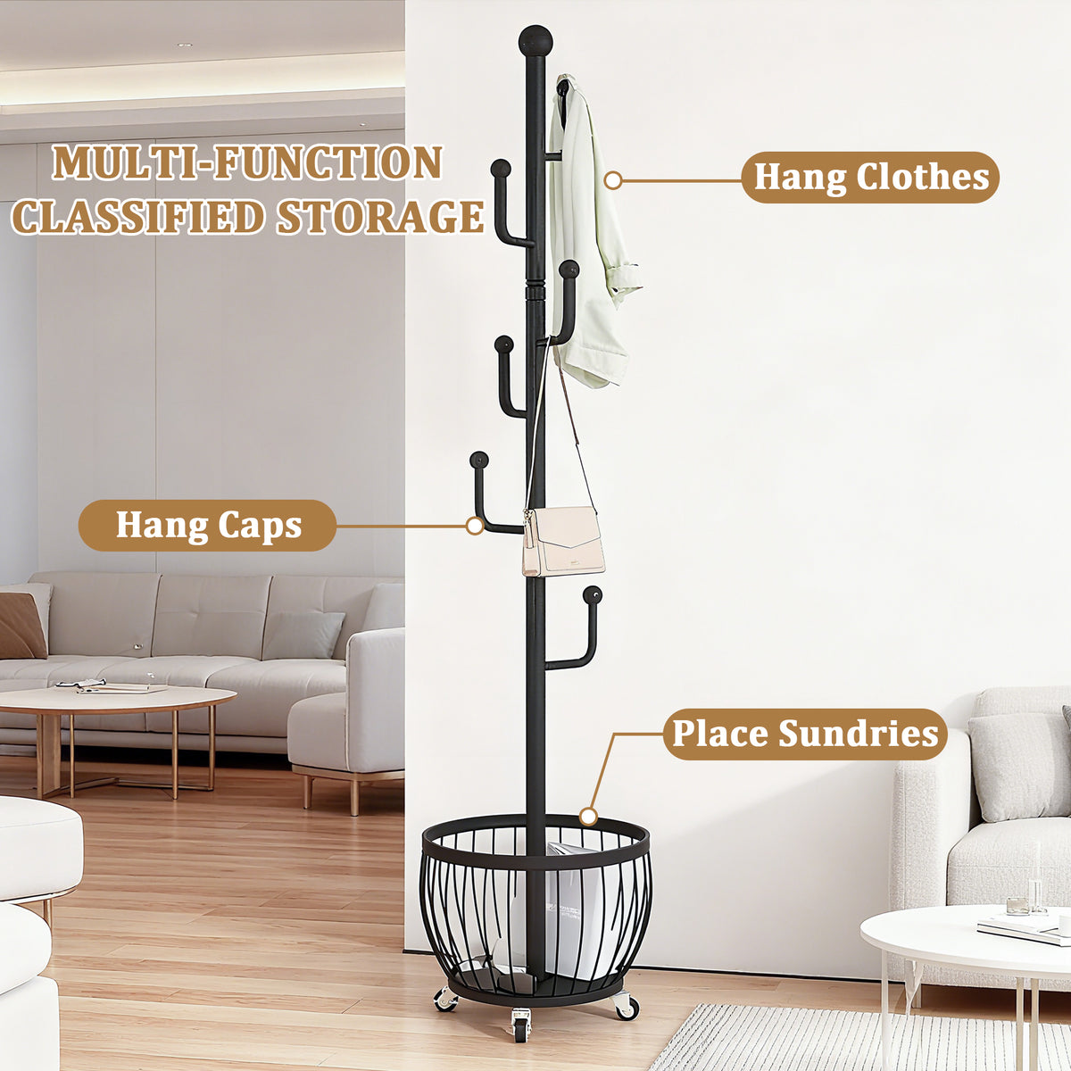 Rotating Coat Rack with Storage Basket and 6 Hooks 4 Wheels Freestanding Entryway Organizer for Coats Hats Bags