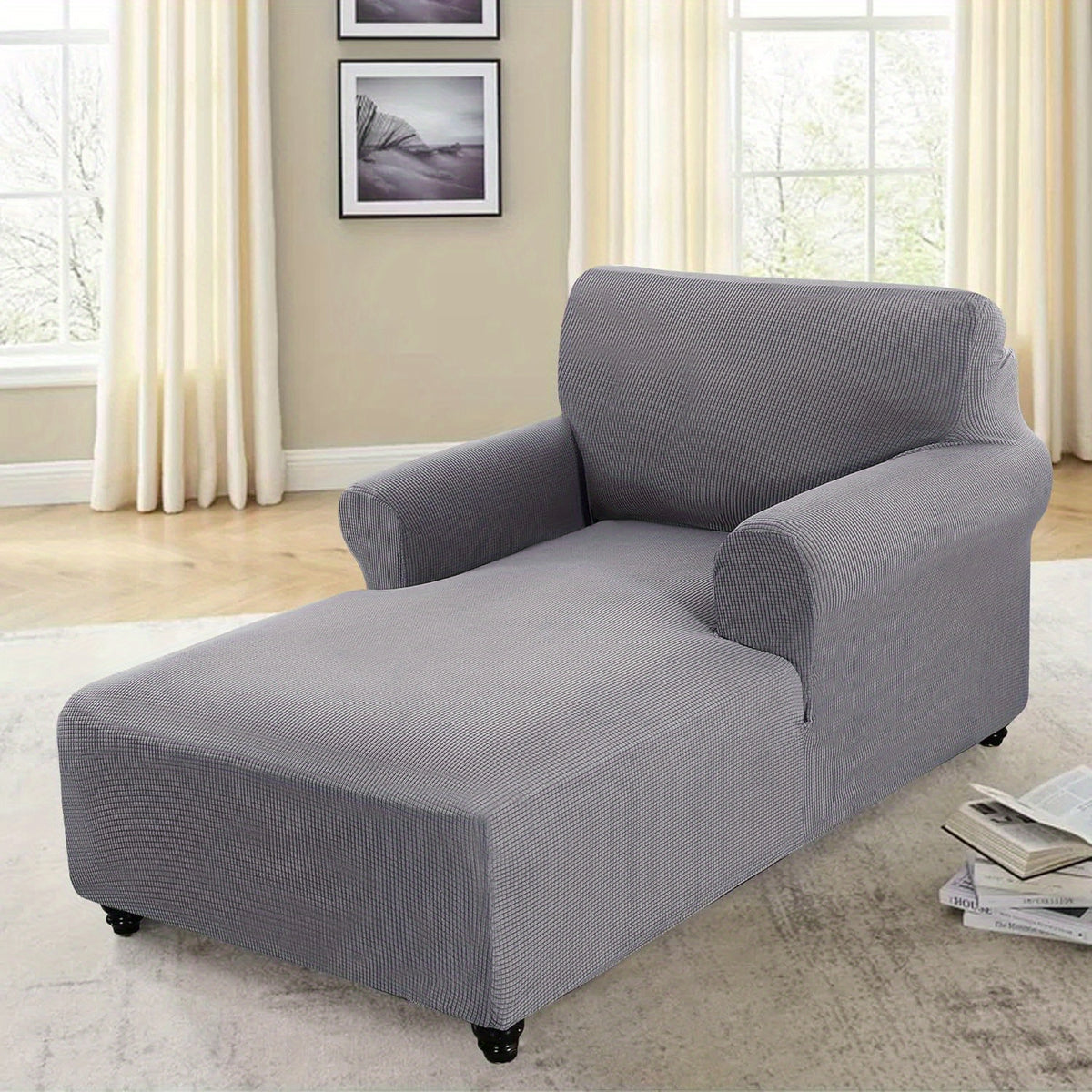 Chaise Lounge Cover Stretch Slipcover – Jacquard Lattice Fabric, Soft Machine Washable Chair Cover with No or Double Armrests for Living Room Bedroom, 11 Colors