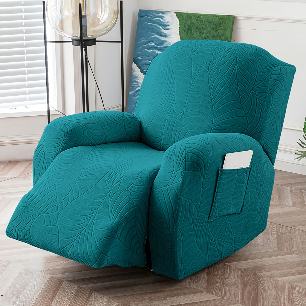 Jacquard Stretch Recliner Sofa Cover – Big Leaves Pattern, 1/2/3 Seater & Loveseat with Console, Winter Insulation Soft Washable, 6 Colors