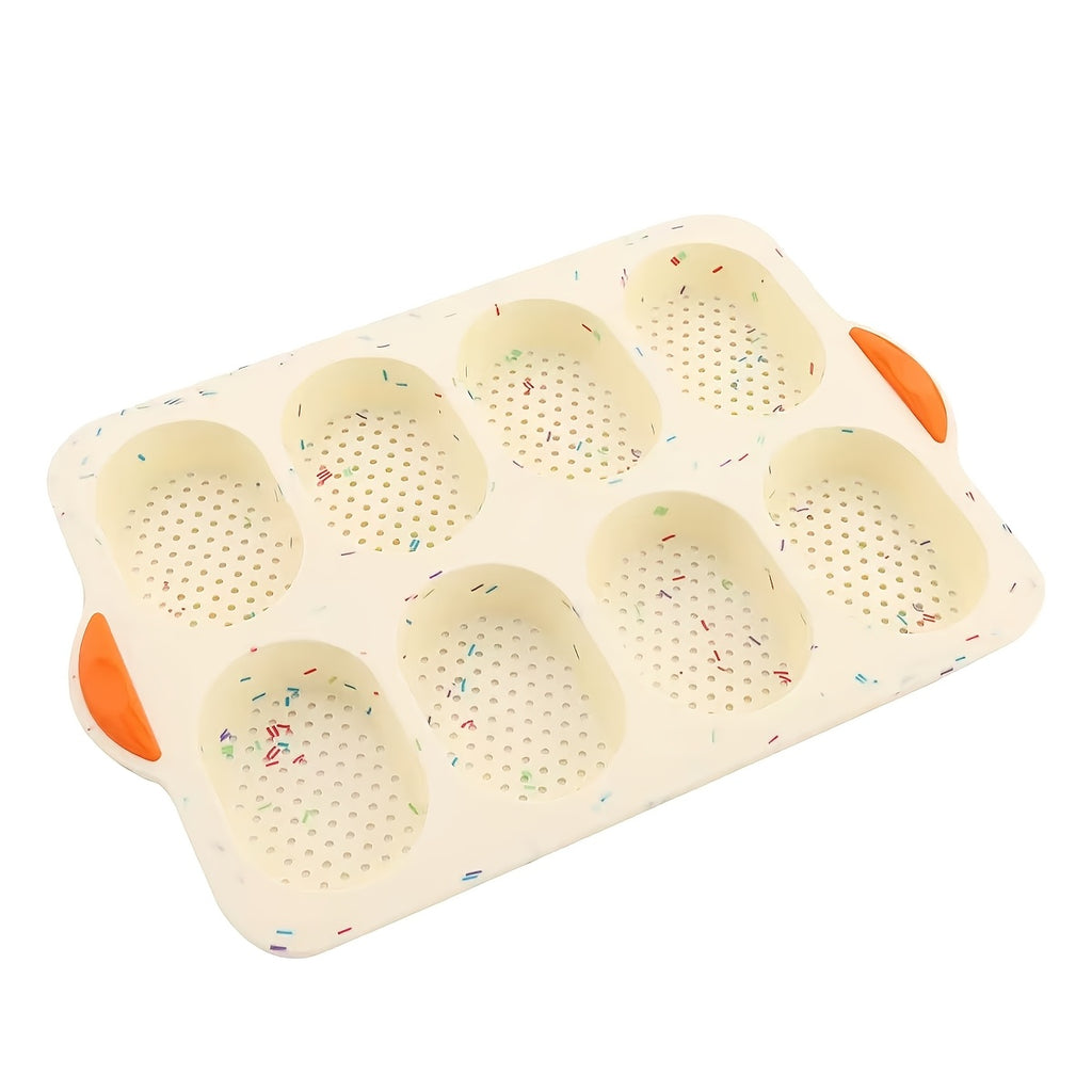 Silicone Bread Baking Pan 8-Cavity Non-Stick Perforated French-Style Mold – Food-Grade Mini Bread Tray with Handle for Homemade Rolls, Hot Dog Buns & Dinner Rolls, Dishwasher & Oven Safe