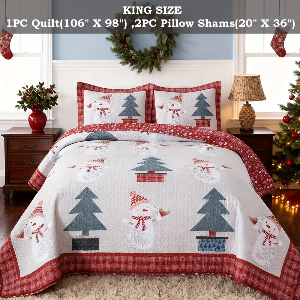 Christmas Quilt Set Queen King 3 Piece – Rustic Lodge Deer Snowman Snowflake Holiday Bedding Ensemble, Quilted Bedspread Coverlet with Pillow Shams, Machine Washable Lightweight Comforter