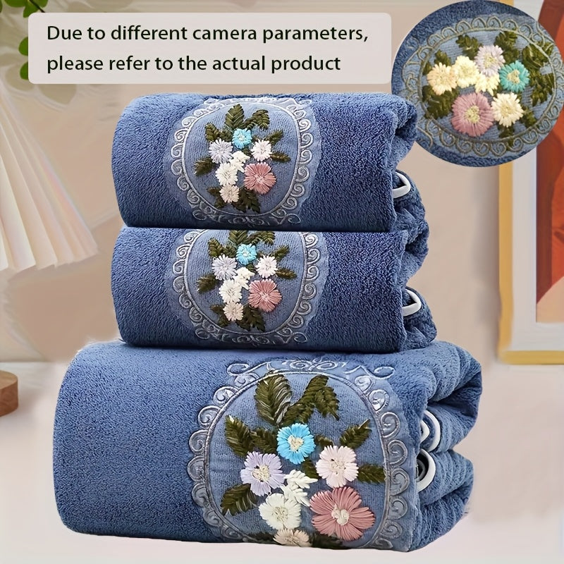 Embroidered Flower Towel Set 3 Piece – Soft Absorbent Bath Towel & 2 Face Towels – Skin-Friendly Polyester Blend, Home & Beach Use, White, Blue, Pink, Gray