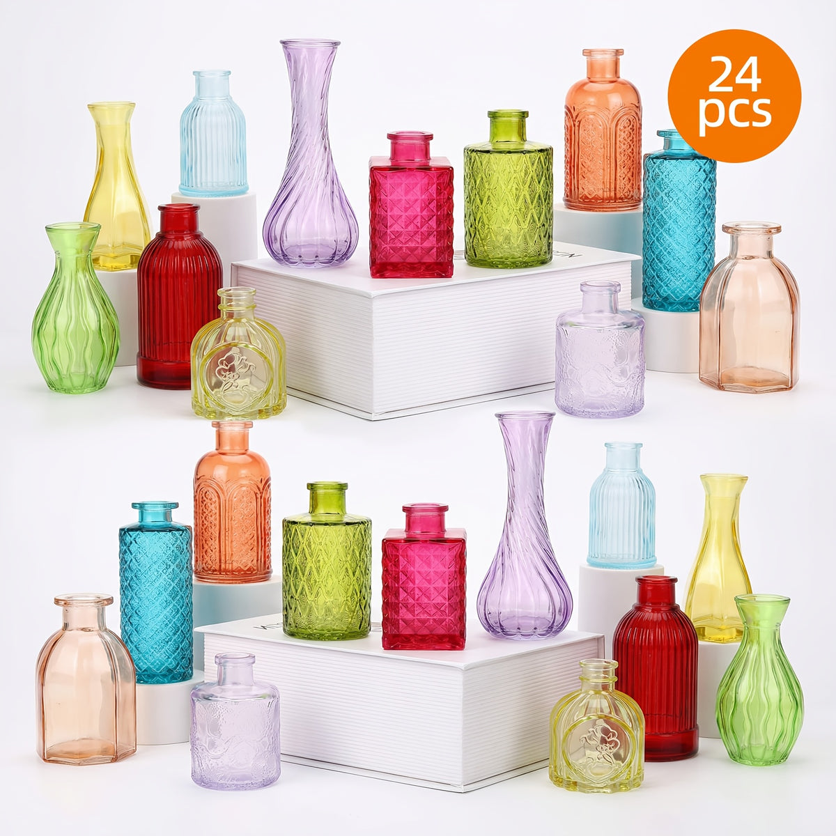 Colorful Glass Bud Vases Set of 24 - 12 Assorted Colors Vintage Teardrop Shape Mini Glass Vases for Wedding Table Centerpieces, Bridal Shower, Home Flower Decoration and Party Favors