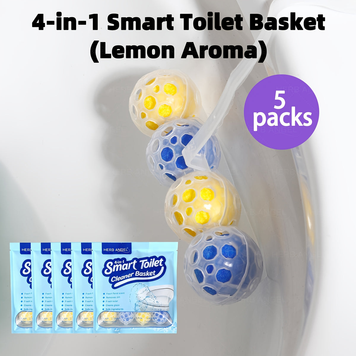 4-in-1 Toilet Cleaner Hanging Basket 5 Pack 65g – 200+ Flushes, Deodorizes & Removes Yellow Stains, Non-Corrosive Tablets for Smart, Hanging & No-Tank Toilets, 4 Fresh Scents: Ocean, Lemon, Lavender, Floral