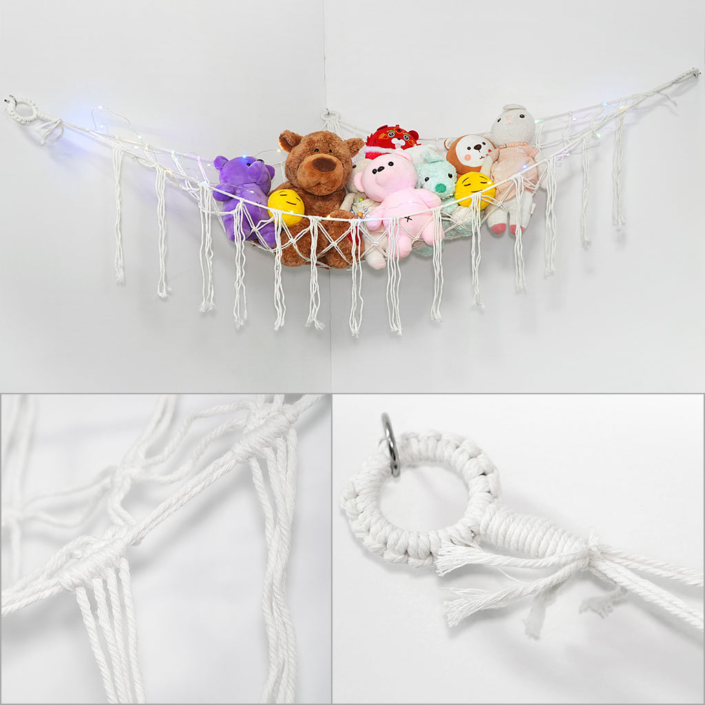 Stuffed Animal Storage Hammock with Star Lights – Corner Mesh Toy Organizer with Hooks for Kids Room, Bedroom & Nursery | White, Black & Pink