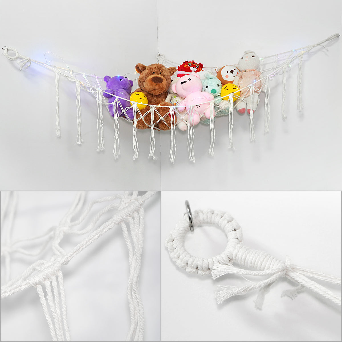 Stuffed Animal Storage Hammock with Star Lights – Corner Mesh Toy Organizer with Hooks for Kids Room, Bedroom & Nursery | White, Black & Pink