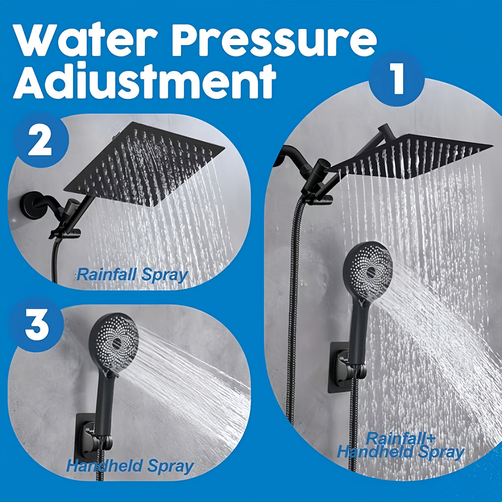Rain Shower System with Handheld Showerhead 8/10/12 Inch Rainfall Head, All-Metal T-Splitter, 13-Inch Arm, 78-Inch Hose, 6-Function Spray Settings & Anti-Clogging Nozzle – Chrome & Black