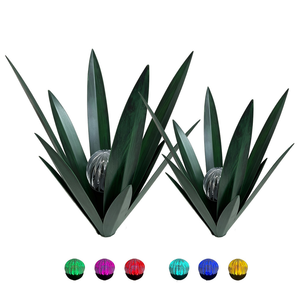 Metal Agave Solar Garden Lights Set of 2 (Large & Small) – Auto Dusk-to-Dawn Outdoor Stake Lights for Lawn, Courtyard, Garden & Patio Decor, 8 Color Options