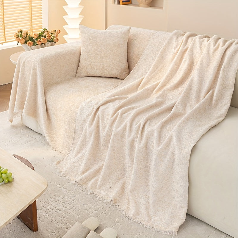 Chenille Sofa Cover with Tassels - Ultra Soft Thick Pet Friendly Couch Slipcover Solid Color 2 3 4 Seater Living Room Decor