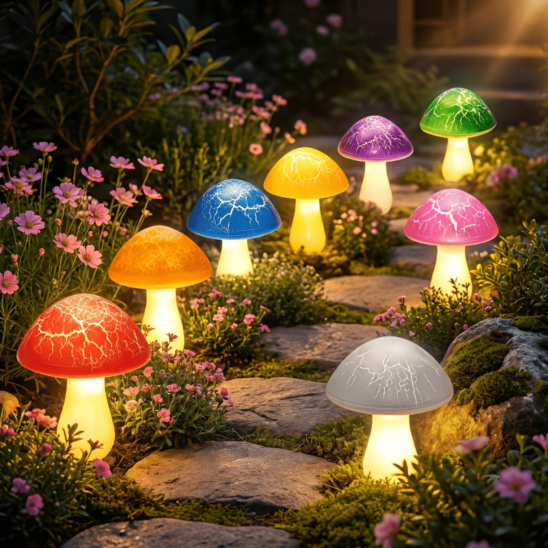 Solar Garden Mushroom Light with 8 Colorful Cracked Mushrooms & 8 LEDs – IP65 Waterproof Outdoor Landscape Lighting for Yard, Lawn, Patio & Terrace, Solar Powered Decorative Garden Light