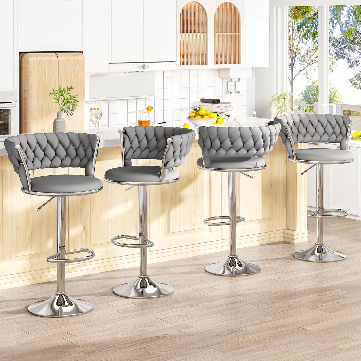 Bar Stools Set of 2 or 4 Adjustable Height Metal Leg Upholstered Counter Chairs for Kitchen Island Bar Living Room Dining Room – Glam Style