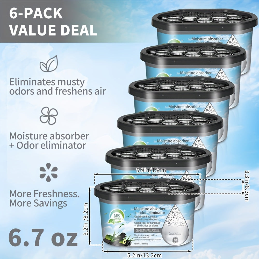 Dehumidifier Boxes 6-Pack Scented Moisture Absorber & Odor Eliminator – No Electricity, Compact PVC, 4 Scents for Closet, Bathroom, Bedroom, RV & Boat (Lavender, Fresh Linen, Jasmine, Bamboo Charcoal)