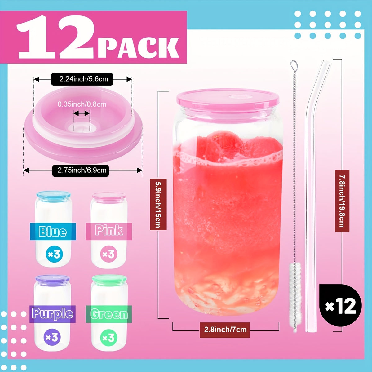 Frosted Glass Tumblers Set 16oz - Borosilicate Can Glasses with Acrylic Lids for Iced Coffee, Juice & Soda, Sublimation Ready, 8 or 12 Pack Perfect Christmas Holiday Gift