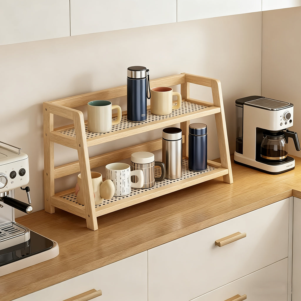 Japanese Natural Wood 2-Tier Cup Rack | Countertop Mug Organizer for Kitchen Living Room Coffee Bar
