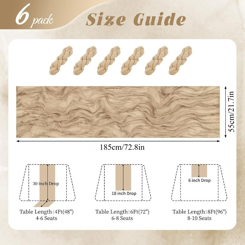 6-Pack Boho Gauze Table Runners 21.7x72.8 Inch Semi-Sheer Cheesecloth Fabric Wedding Baby Shower Birthday Farmhouse Home Decor