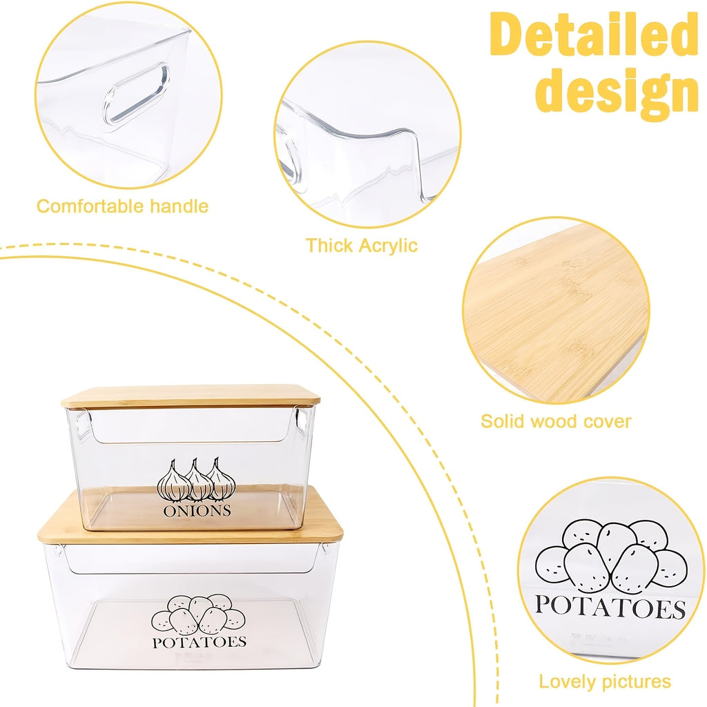 Stackable Potato & Onion Storage Container 2 Set Clear PE Bins with Bamboo Flip-Top Lid - Pantry Kitchen Counter Organizer for Vegetables