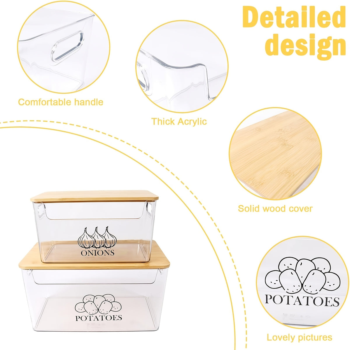 Stackable Potato & Onion Storage Container 2 Set Clear PE Bins with Bamboo Flip-Top Lid - Pantry Kitchen Counter Organizer for Vegetables