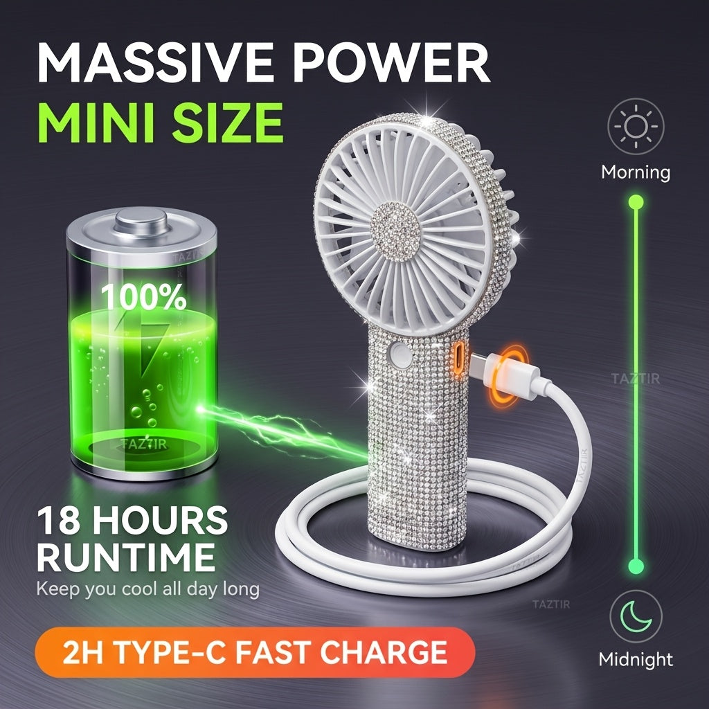 Rhinestone Handheld Fan Crystal Diamond Bling Mini Personal Fan USB Rechargeable 3-Speed for Women Girls Wedding Travel Outdoor Office