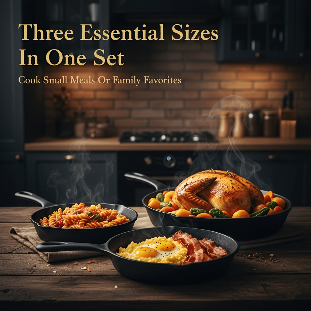 Pre-Seasoned Cast Iron Skillet Set 6” 8” 10” Heavy-Duty Pan for Frying Sauté Cooking & Pizza – Professional Restaurant Quality Cookware