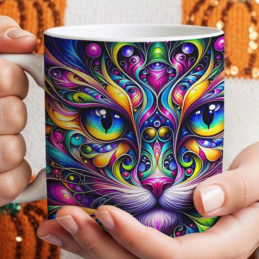 Psychedelic Cat Coffee Mug 11oz - Colorful Cute Cat Design Cup for Cat Lovers, Home & Office Use, Birthday & Holiday Gift