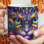 Psychedelic Cat Coffee Mug 11oz - Colorful Cute Cat Design Cup for Cat Lovers, Home & Office Use, Birthday & Holiday Gift