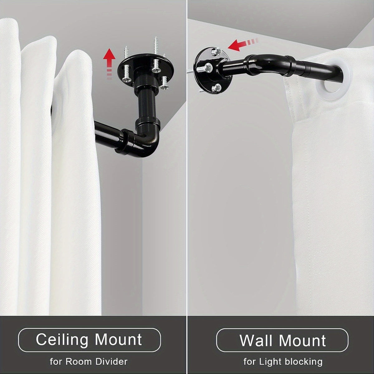 Adjustable Industrial Black Pipe Curtain Rod 1 Inch Wrap-Around with Brackets, Indoor Outdoor Patio Room Divider, 4 Sizes 28-45in to 28-84in