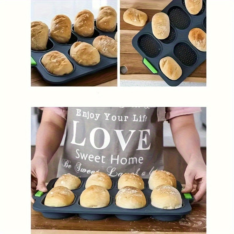 Silicone Bread Baking Pan 8-Cavity Non-Stick Perforated French-Style Mold – Food-Grade Mini Bread Tray with Handle for Homemade Rolls, Hot Dog Buns & Dinner Rolls, Dishwasher & Oven Safe