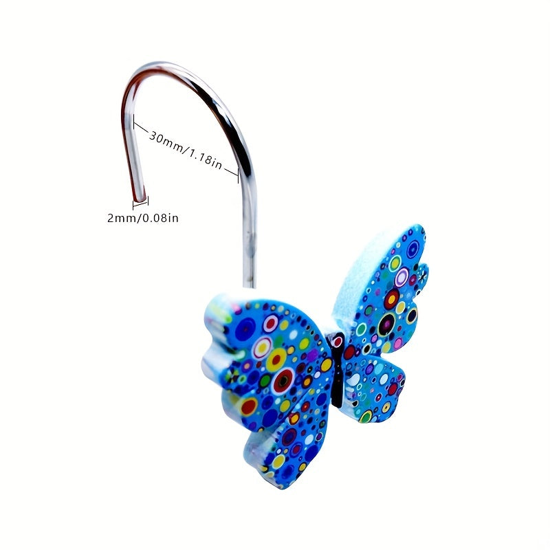 Butterfly Shower Curtain Hooks 12 Pack - Decorative Rustproof Metal Curtain Hook Rings, Colorful Aesthetic Design for Bathroom, Wardrobe & Living Room, Green Blue Tricolor Options