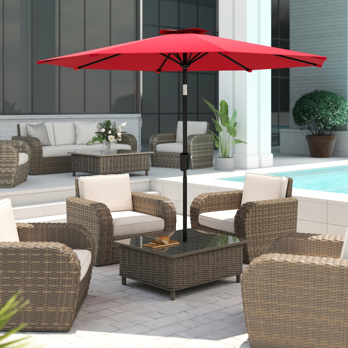 Large Patio Umbrella 9ft / 10ft, Outdoor Market Umbrella with Manual Crank & Tilt, Metal Frame, Polyester Canopy, Table or Freestanding Use, 5 Colors — Beige, Red, Dark Blue, Light Blue, Dark Green