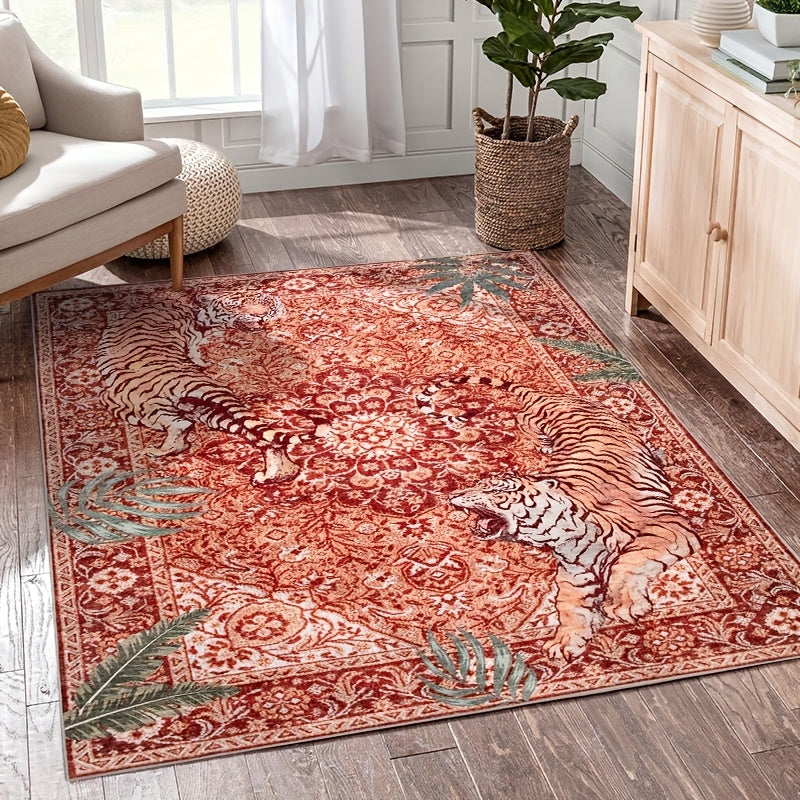 Tiger Jungle Area Rug – Washable Non-Slip Indoor Carpet for Living Room, Bedroom & Home Office | Red, Green, Beige | 5x7 to 9x12 ft | Nuvia Haven