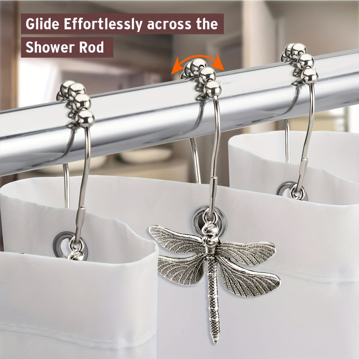 Dragonfly Shower Curtain Hooks Set of 12 – Decorative Metal Anti-Rust Spring Insect Theme Ball Sliding Easy Install Bathroom Rings, Silver or Black