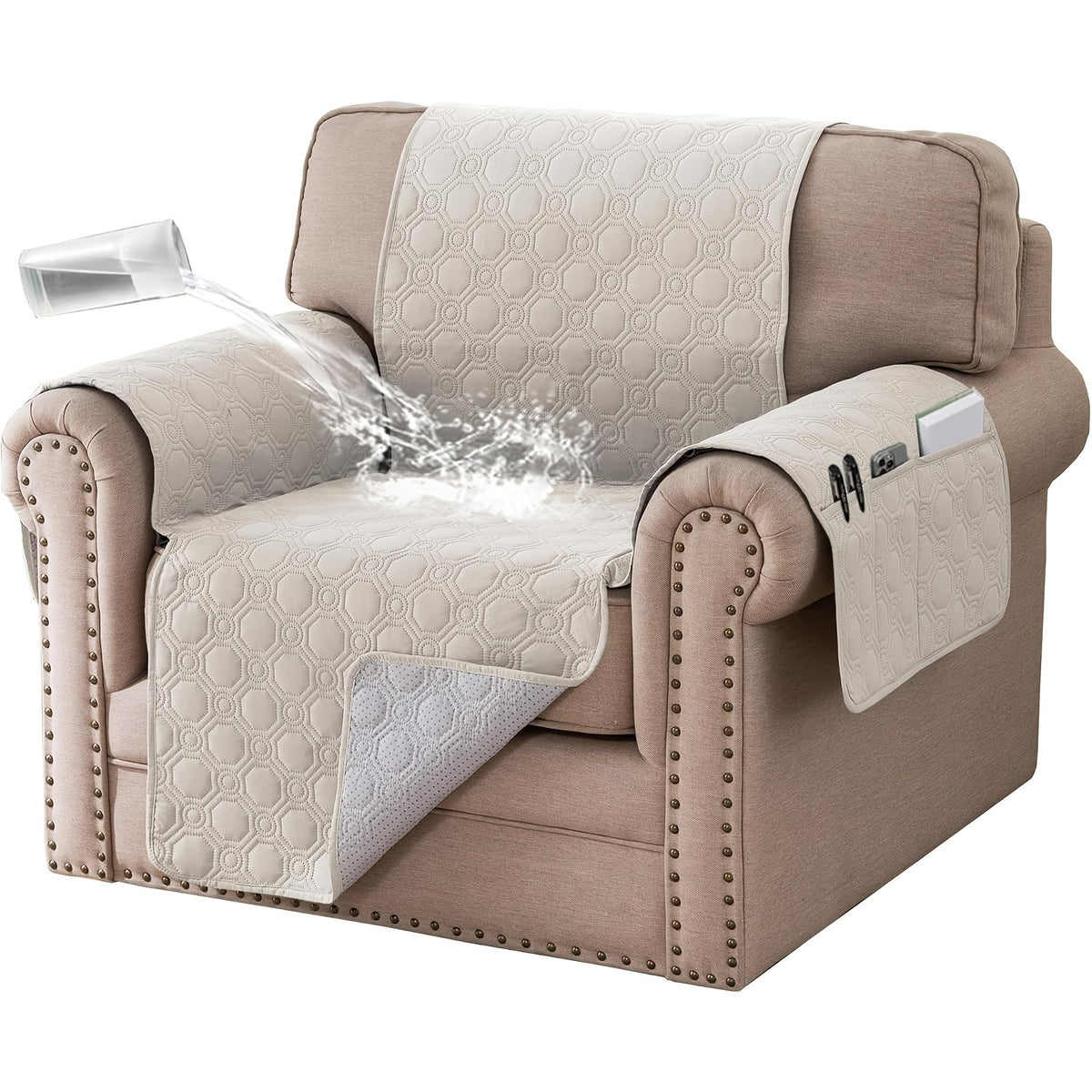 Liquid-Resistant Sofa Cover with Pocket, Geometric Pattern Couch Slipcover Furniture Protector for Pets, Washable Thick Soft 1 2 3 4 Seat Sizes Chair Loveseat Sofa