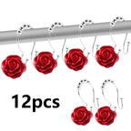 Rose Decorative Shower Curtain Hooks 12pcs – Stainless Steel Acrylic Rhinestones Double Hook for Dual Curtains | Elegant Bathroom Decor & Mother's Day Gift