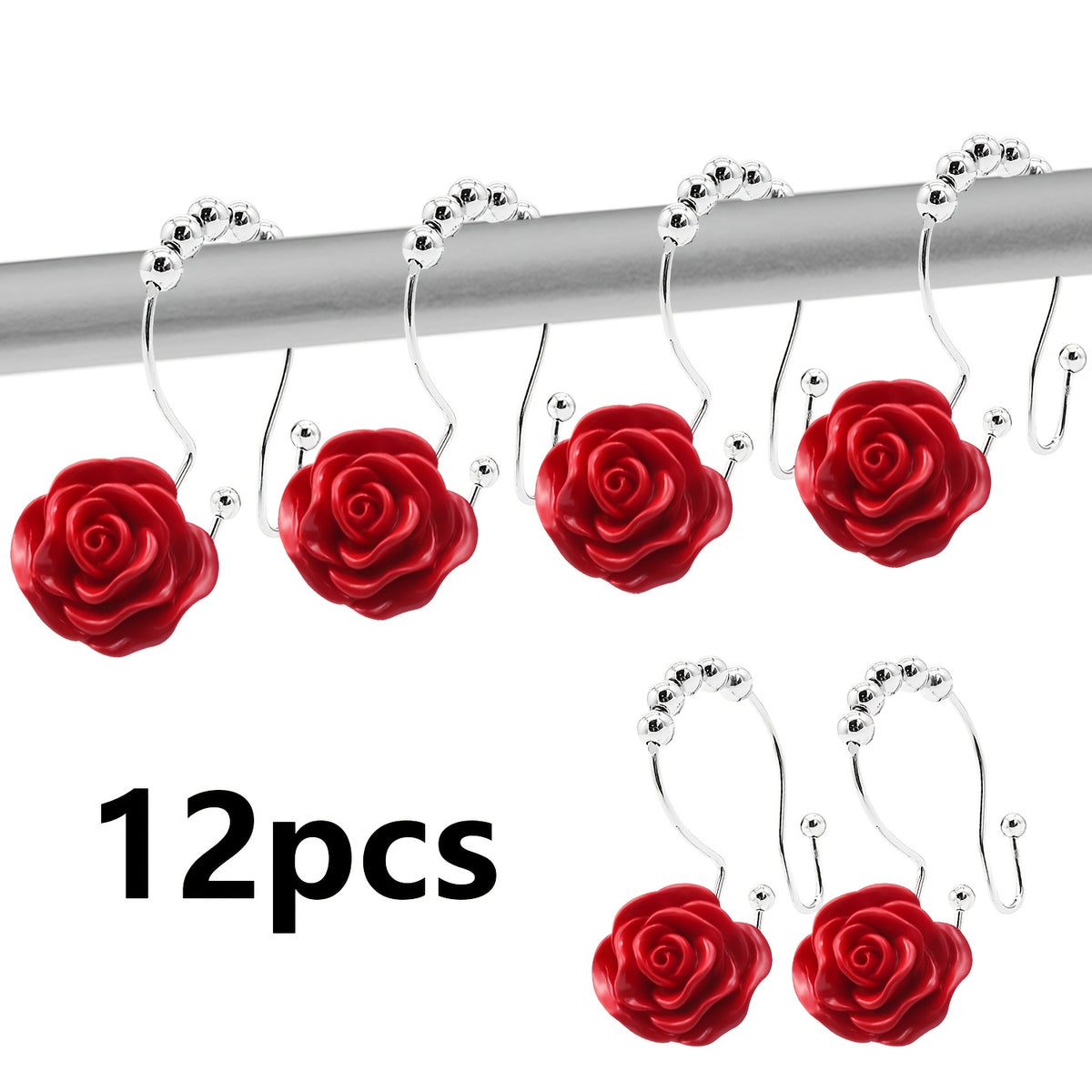 Rose Decorative Shower Curtain Hooks 12pcs – Stainless Steel Acrylic Rhinestones Double Hook for Dual Curtains | Elegant Bathroom Decor & Mother's Day Gift