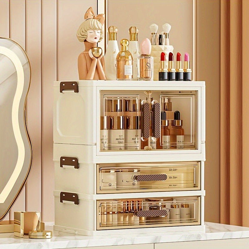 Makeup Organizer with Transparent Drawers 3/4 Tier – Foldable Large Capacity Stackable Cosmetic Storage Cabinet, Retro White & Gold Aesthetic Organizer for Skincare, Documents & Books, Elegant Girl Gift