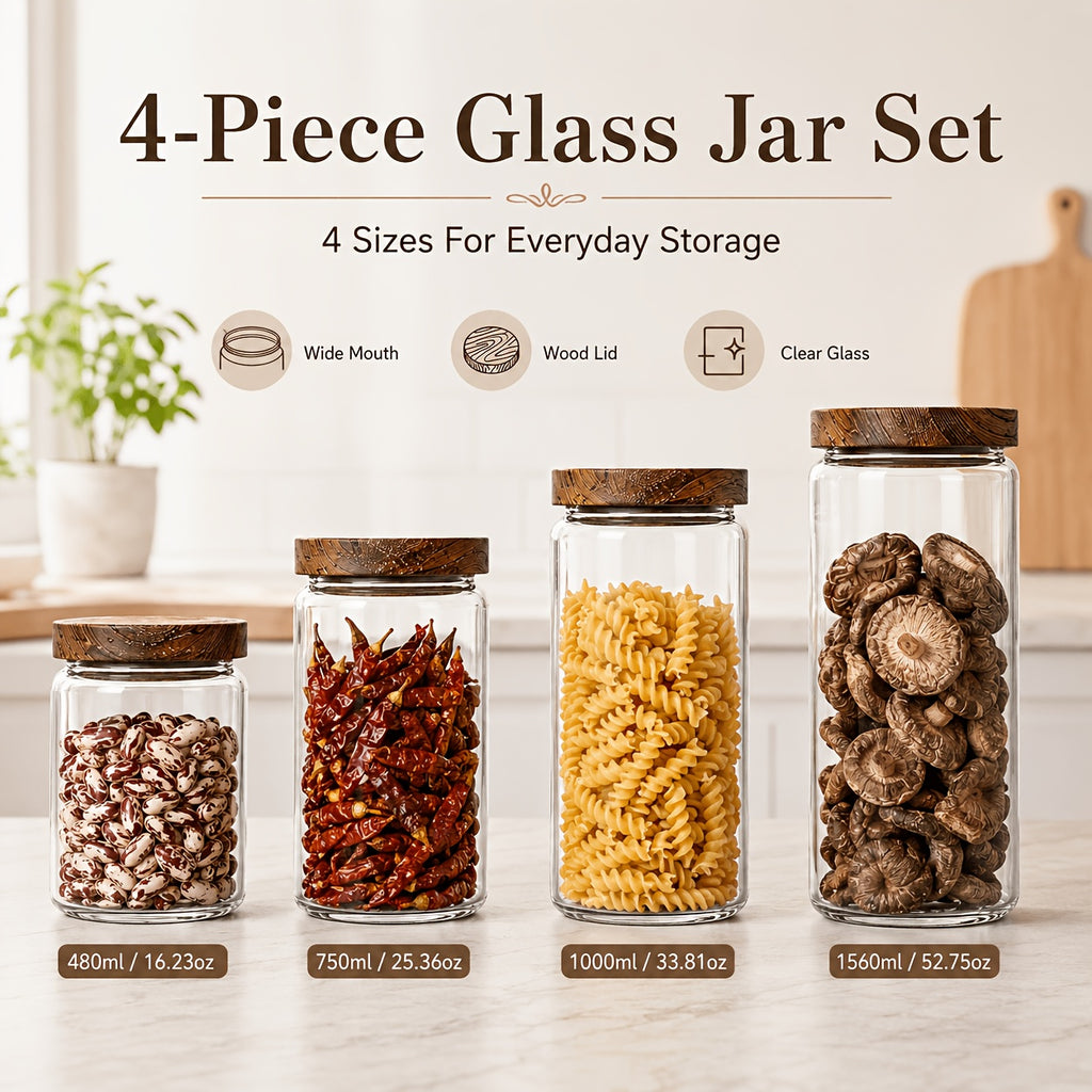 Glass Food Storage Jars with Wooden Lids 4-Piece Set – Airtight Transparent Kitchen Canister Set for Coffee Beans, Spices, Snacks & Dry Goods | 16/25/34/53 oz
