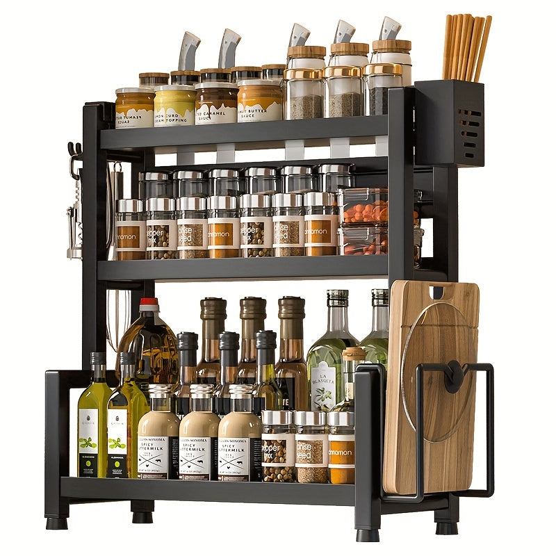 3-Tier Heavy-Duty Carbon Steel Kitchen Shelf Standing Storage Rack – Space-Saving Countertop Organizer for Spices, Knives, Utensils & Spoon Holder, Sturdy Multi-Tier Shelf for Small Kitchens