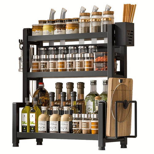 3-Tier Heavy-Duty Carbon Steel Kitchen Shelf Standing Storage Rack – Space-Saving Countertop Organizer for Spices, Knives, Utensils & Spoon Holder, Sturdy Multi-Tier Shelf for Small Kitchens