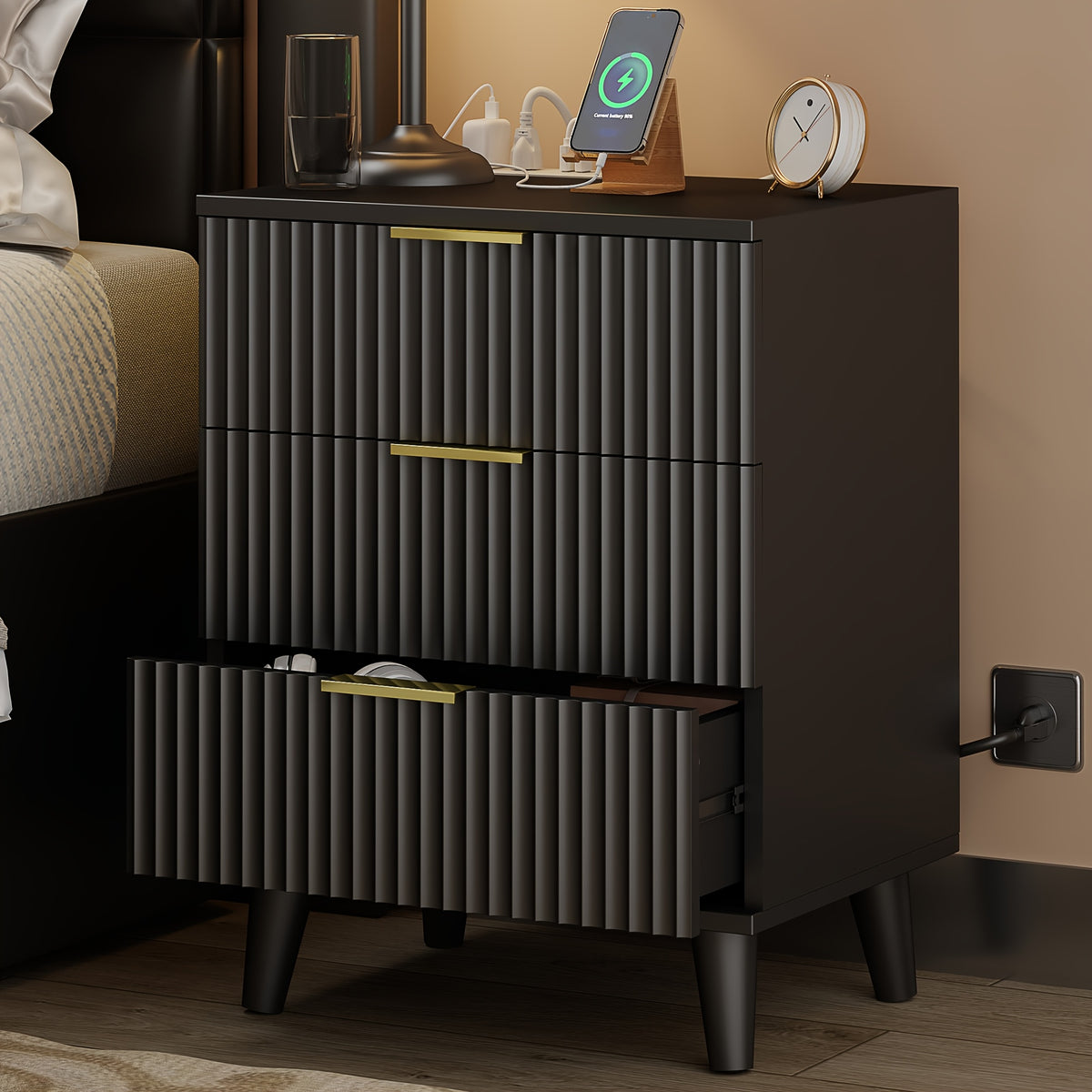 Nightstand with Charging Station – 3-Drawer Bedside Table with 2 USB Ports & 2 AC Outlets, Small Bedroom Side Table | Set of 1 or 2 | Wood, Black, White, Brown