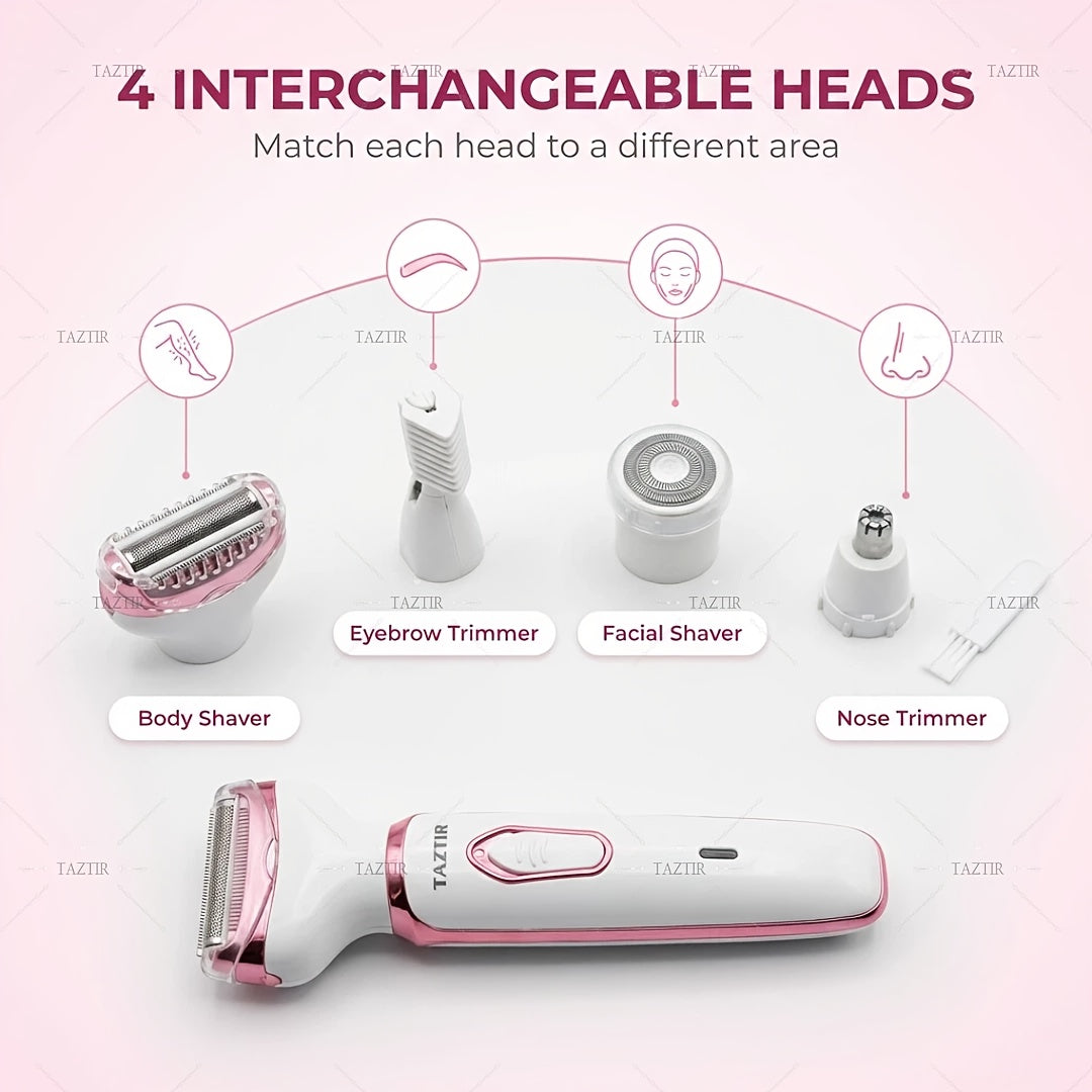4-in-1 Electric Shaver for Women Rechargeable Grooming Kit Wet Dry Painless Lady Razor for Face Nose Legs Underarm Bikini Trimmer Luxury Gift Set