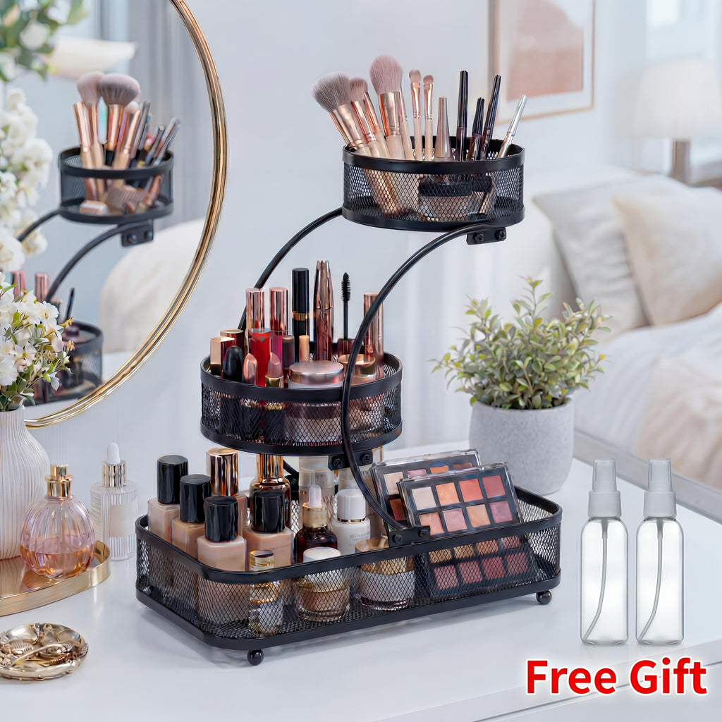 3-Tier Metal Mesh Countertop Storage Rack with Hooks, Space-Saving Organizer for Bathroom & Kitchen – Heavy-Duty Cosmetic, Perfume & Toiletry Display Stand, Black or White, Mini Available