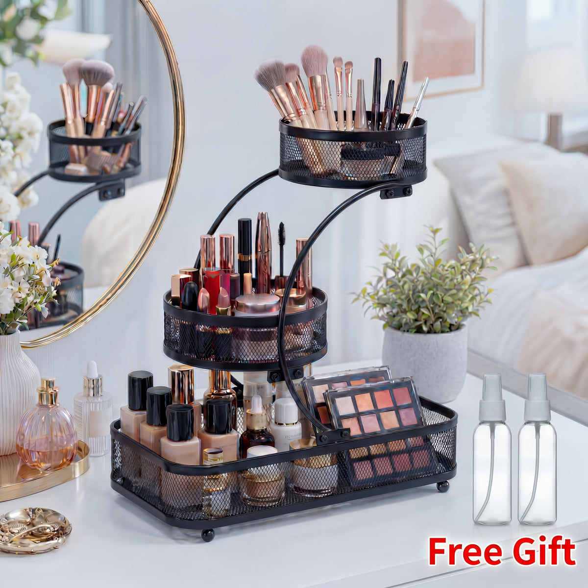3-Tier Metal Mesh Countertop Storage Rack with Hooks, Space-Saving Organizer for Bathroom & Kitchen – Heavy-Duty Cosmetic, Perfume & Toiletry Display Stand, Black or White, Mini Available