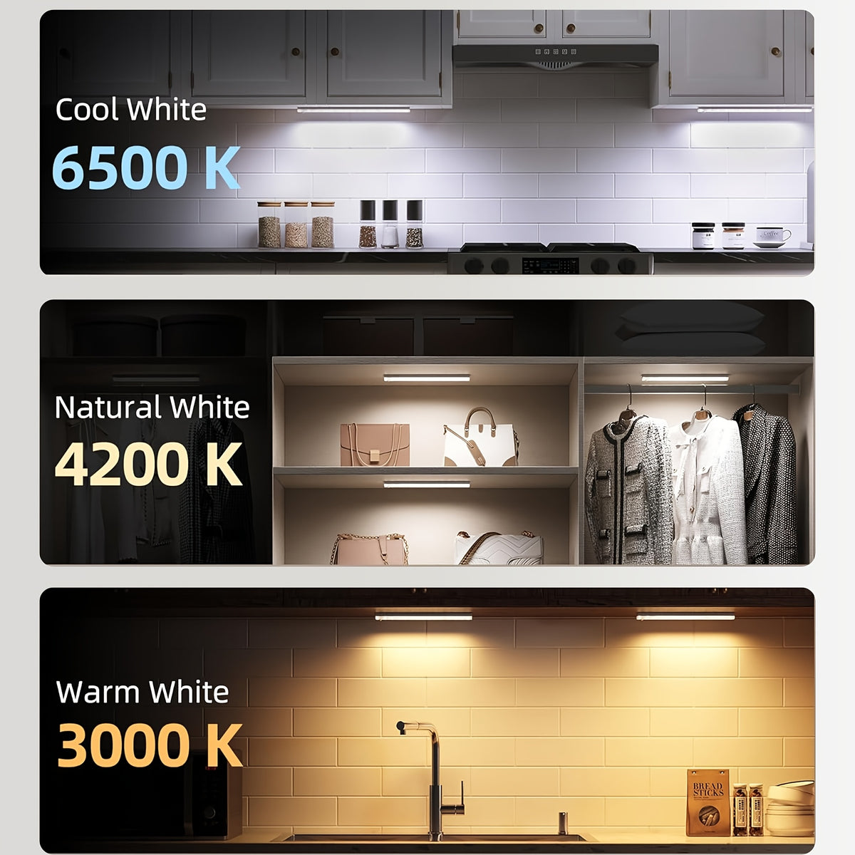Rechargeable LED Under Cabinet Lights 3-Pack with Charging Station Wireless Motion Sensor Dimmable Night Light for Stairs Hallway Bookshelf