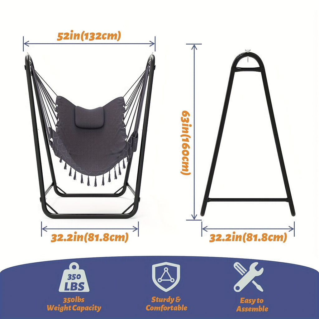 U-Shaped Hammock Chair Stand Double Tube Steel 350 lbs Capacity Rust-Resistant Powder Coat Indoor Outdoor Hanging Lounge Chair with Side Pocket Free Grey Swing