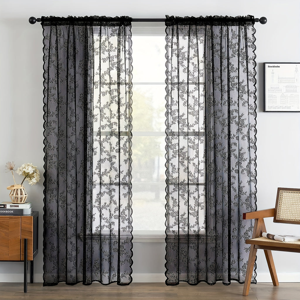 Boho Floral Lace Curtain Panels Set of 2 – Semi-Sheer Light Filtering, Rod Pocket, Pastoral Vintage Style for Bedroom Living Room Kitchen, 6 Sizes 4 Colors