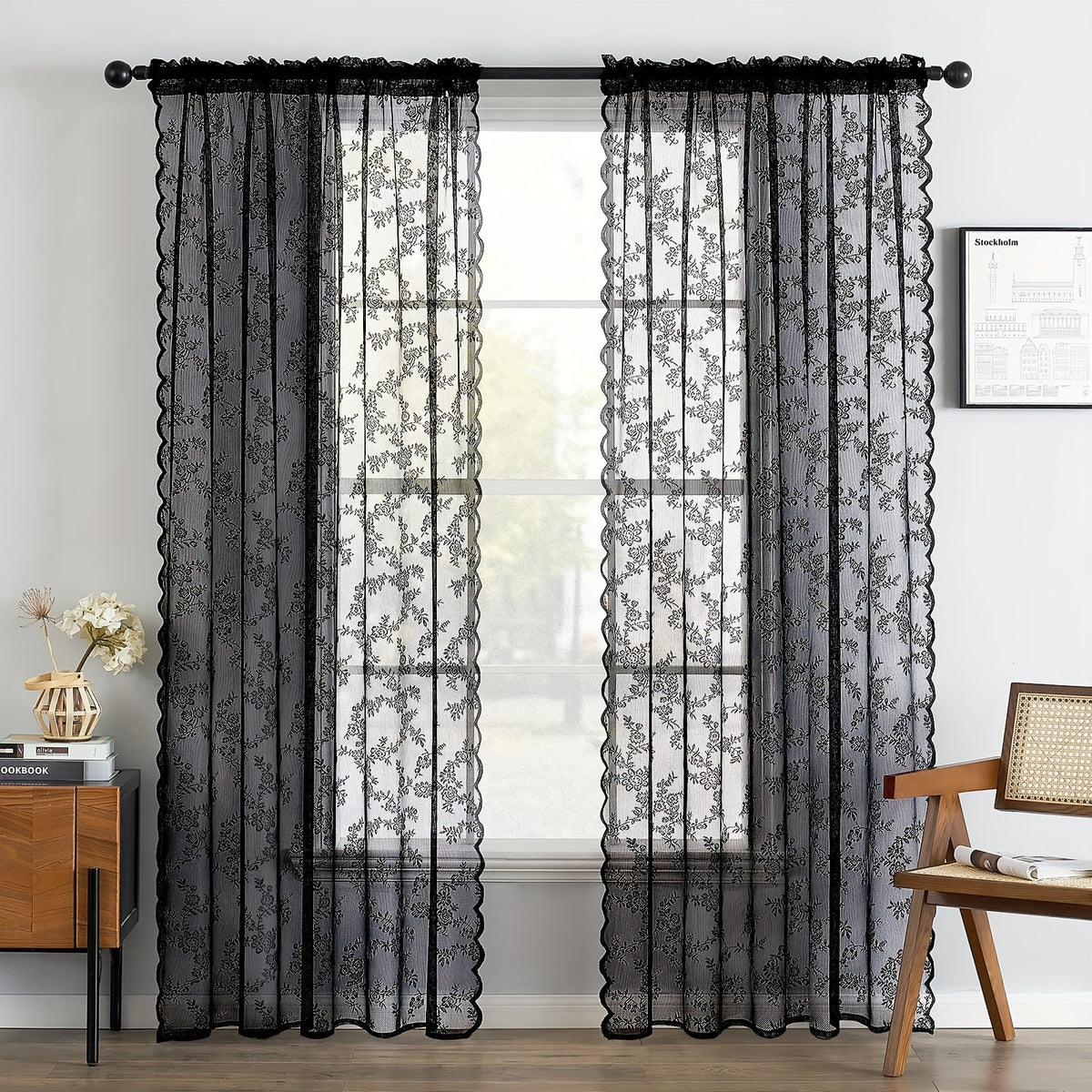 Boho Floral Lace Curtain Panels Set of 2 – Semi-Sheer Light Filtering, Rod Pocket, Pastoral Vintage Style for Bedroom Living Room Kitchen, 6 Sizes 4 Colors
