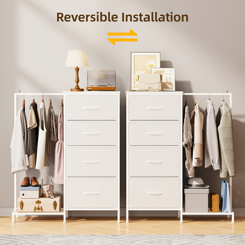 Fabric Dresser with Clothes Rack & Drawer Tower – 4 or 5 Drawers, Sturdy Frame, Optional LED Lighting & USB Charging Station for Bedroom